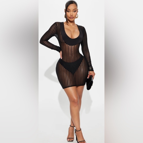 Fashion Nova Black Sheer Striped Dress - Picture 2 of 11